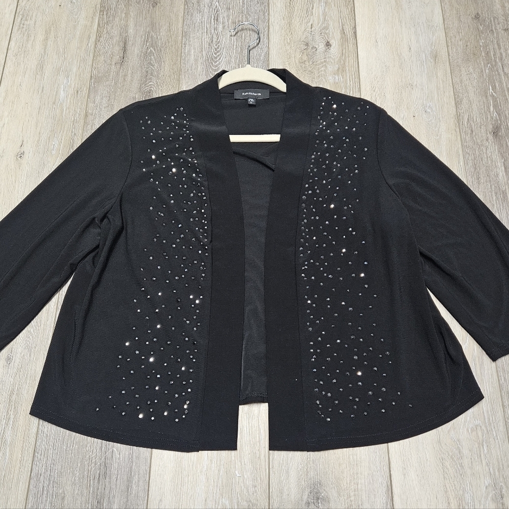 R&M Richards Vintage Rhinestone Formal Shrug Open Front Black Women's Large
